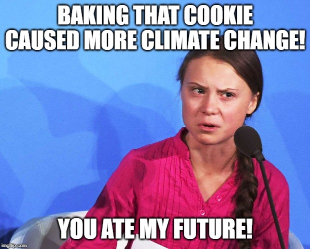 AngGreta Thunberg | BAKING THAT COOKIE CAUSED MORE CLIMATE CHANGE! YOU ATE MY FUTURE! | image tagged in anggreta thunberg | made w/ Imgflip meme maker