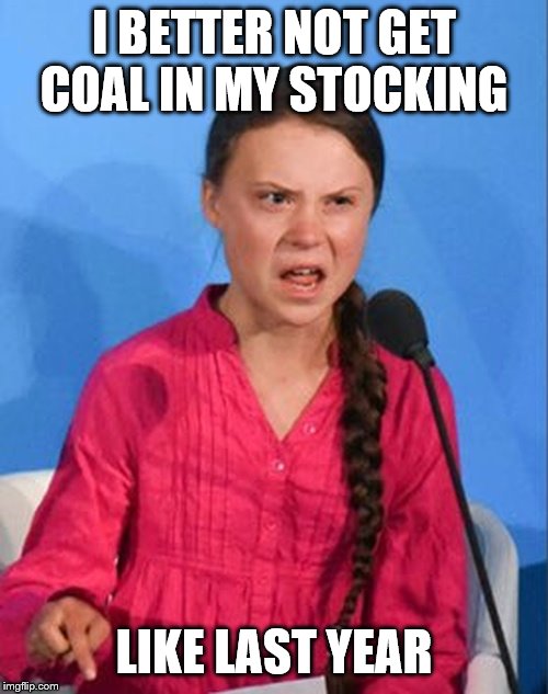 Greta Thunberg how dare you | I BETTER NOT GET COAL IN MY STOCKING; LIKE LAST YEAR | image tagged in greta thunberg how dare you | made w/ Imgflip meme maker