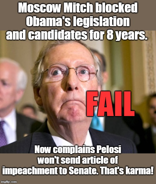 Moscow Mitch, aka Mr. Turtle, can't get his way this time | Moscow Mitch blocked Obama's legislation and candidates for 8 years. FAIL; Now complains Pelosi won't send article of impeachment to Senate. That's karma! | image tagged in what goes around comes around,bwhahaha,gop tricks not working now,impeach moscow mitch,paid by russian oligarchs,will not see th | made w/ Imgflip meme maker