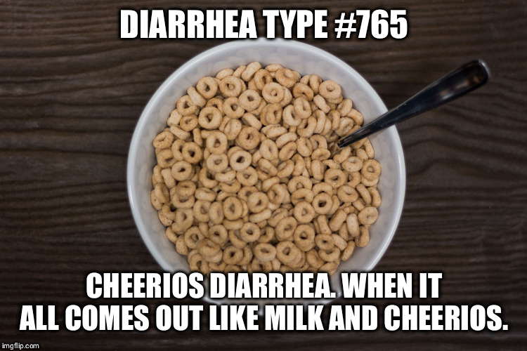 Bowl of Cheerios | DIARRHEA TYPE #765; CHEERIOS DIARRHEA. WHEN IT ALL COMES OUT LIKE MILK AND CHEERIOS. | image tagged in bowl of cheerios | made w/ Imgflip meme maker