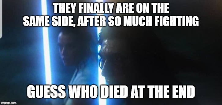Rise of Skywalker | THEY FINALLY ARE ON THE SAME SIDE, AFTER SO MUCH FIGHTING; GUESS WHO DIED AT THE END | image tagged in rise of skywalker | made w/ Imgflip meme maker
