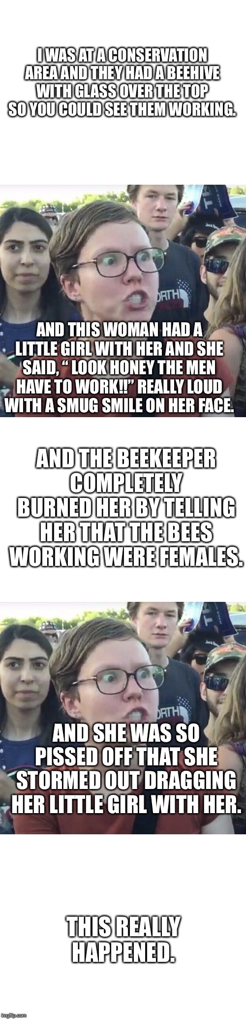 I WAS AT A CONSERVATION AREA AND THEY HAD A BEEHIVE WITH GLASS OVER THE TOP SO YOU COULD SEE THEM WORKING. AND THIS WOMAN HAD A LITTLE GIRL WITH HER AND SHE SAID, “ LOOK HONEY THE MEN HAVE TO WORK!!” REALLY LOUD WITH A SMUG SMILE ON HER FACE. AND THE BEEKEEPER COMPLETELY BURNED HER BY TELLING HER THAT THE BEES WORKING WERE FEMALES. AND SHE WAS SO PISSED OFF THAT SHE STORMED OUT DRAGGING HER LITTLE GIRL WITH HER. THIS REALLY HAPPENED. | image tagged in blank white template,triggered feminist | made w/ Imgflip meme maker