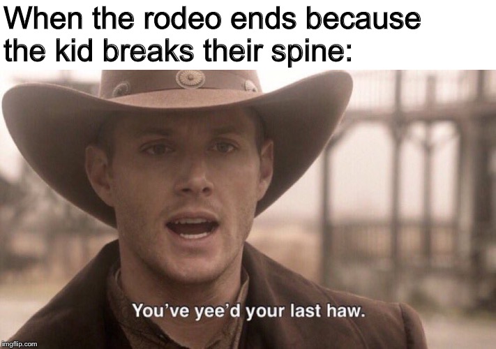 You’ve yee’d your last haw | When the rodeo ends because the kid breaks their spine: | image tagged in youve yeed your last haw | made w/ Imgflip meme maker