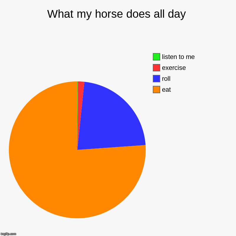 What my horse does all day | eat, roll, exercise, listen to me | image tagged in charts,pie charts | made w/ Imgflip chart maker