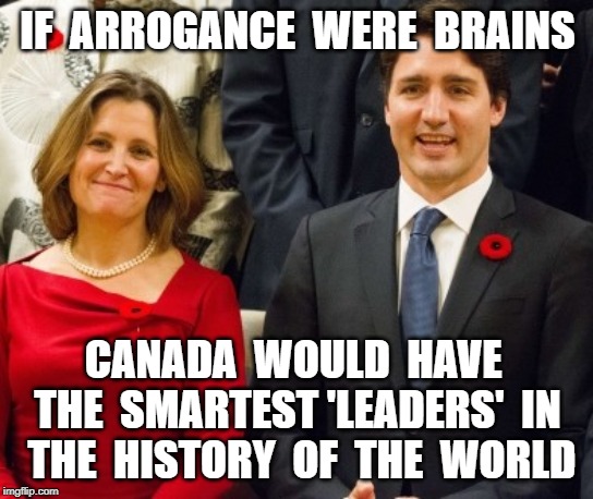 IF  ARROGANCE  WERE  BRAINS; CANADA  WOULD  HAVE  THE  SMARTEST 'LEADERS'  IN  THE  HISTORY  OF  THE  WORLD | image tagged in justin trudeau,chrystia freeland,incompetent,politics | made w/ Imgflip meme maker