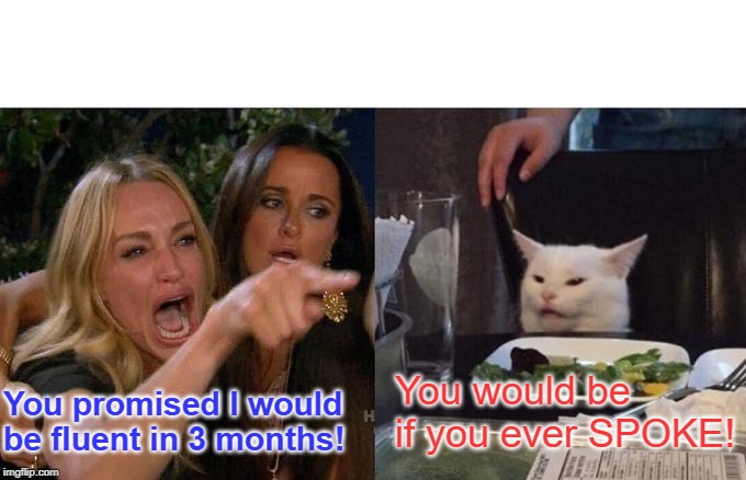 Woman Yelling At Cat Meme | You would be if you ever SPOKE! You promised I would be fluent in 3 months! | image tagged in memes,woman yelling at cat | made w/ Imgflip meme maker