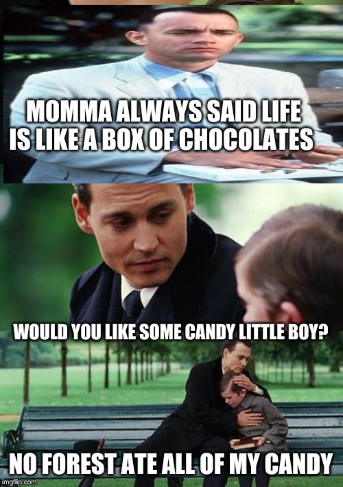Finding Neverland | MOMMA ALWAYS SAID LIFE IS LIKE A BOX OF CHOCOLATES; WOULD YOU LIKE SOME CANDY LITTLE BOY? NO FOREST ATE ALL OF MY CANDY | image tagged in memes,finding neverland | made w/ Imgflip meme maker