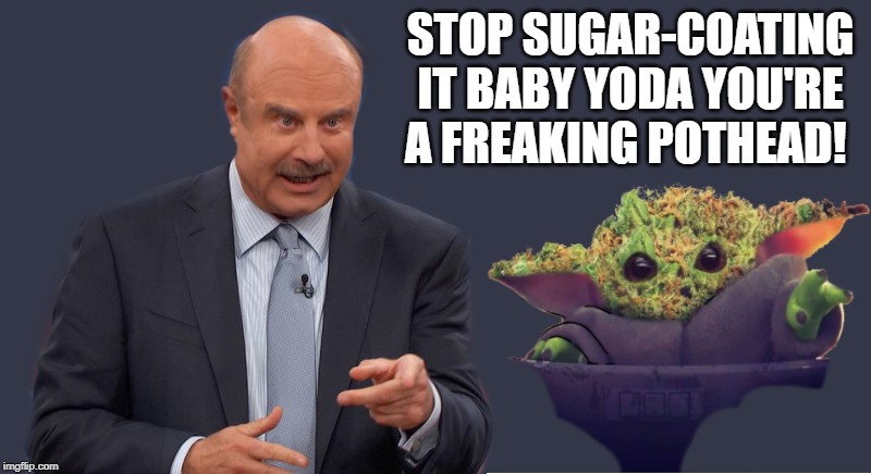 doctor Phil and baby Yoda | STOP SUGAR-COATING IT BABY YODA YOU'RE A FREAKING POTHEAD! | image tagged in doctor phil,baby yoda | made w/ Imgflip meme maker