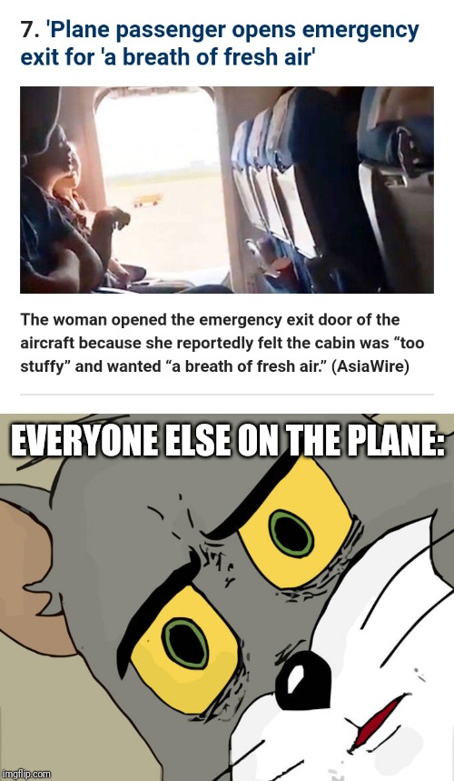 Real Life Unsettled Tom Moment |  EVERYONE ELSE ON THE PLANE: | image tagged in memes,unsettled tom,memes in real life,idiots,open door,morons | made w/ Imgflip meme maker