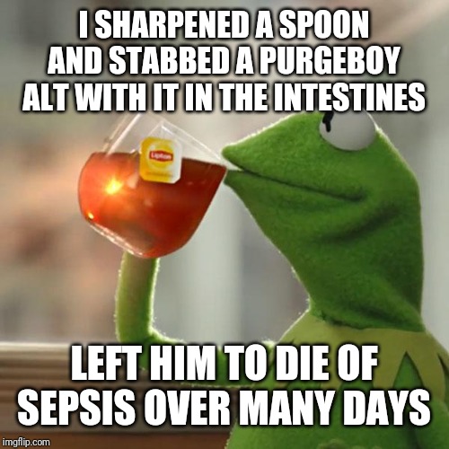 But That's None Of My Business Meme | I SHARPENED A SPOON AND STABBED A PURGEBOY ALT WITH IT IN THE INTESTINES LEFT HIM TO DIE OF SEPSIS OVER MANY DAYS | image tagged in memes,but thats none of my business,kermit the frog | made w/ Imgflip meme maker