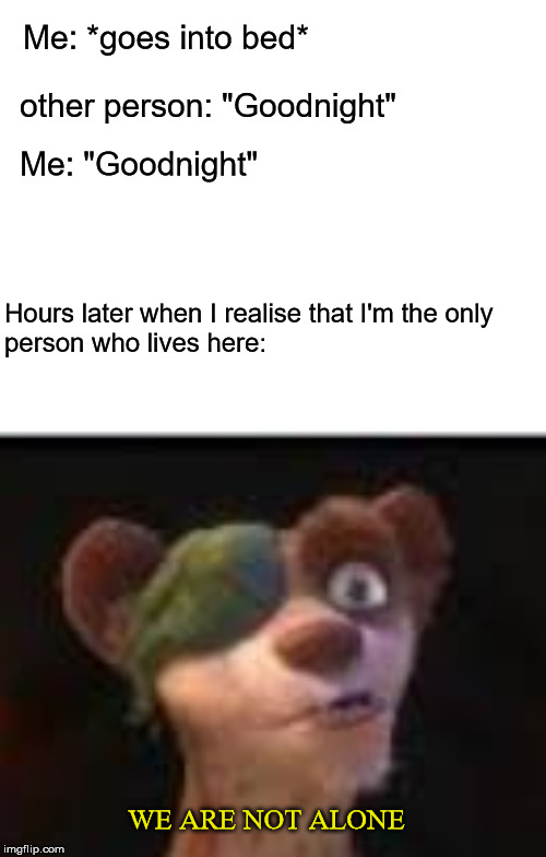 We are not alone | Me: *goes into bed*; other person: "Goodnight"; Me: "Goodnight"; Hours later when I realise that I'm the only 
person who lives here:; WE ARE NOT ALONE | image tagged in we are not alone | made w/ Imgflip meme maker