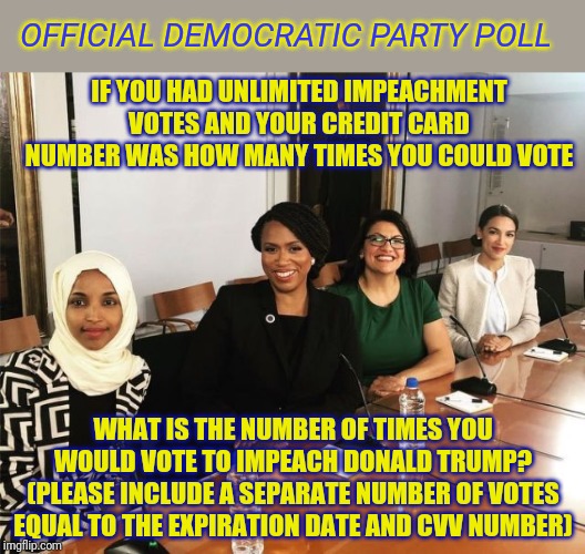 Only Registered Voters of the Democratic Party respond below: | OFFICIAL DEMOCRATIC PARTY POLL; IF YOU HAD UNLIMITED IMPEACHMENT VOTES AND YOUR CREDIT CARD NUMBER WAS HOW MANY TIMES YOU COULD VOTE; WHAT IS THE NUMBER OF TIMES YOU WOULD VOTE TO IMPEACH DONALD TRUMP? (PLEASE INCLUDE A SEPARATE NUMBER OF VOTES EQUAL TO THE EXPIRATION DATE AND CVV NUMBER) | image tagged in the squad,impeach trump,rashida tlaib,stupid liberals,democratic party,polls | made w/ Imgflip meme maker