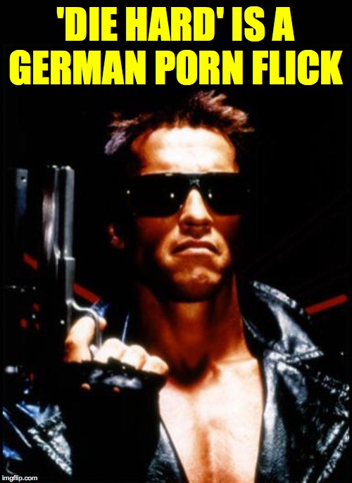terminator arnold schwarzenegger | 'DIE HARD' IS AGERMAN PORN FLICK | image tagged in terminator arnold schwarzenegger,memes,die hard | made w/ Imgflip meme maker