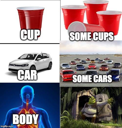 somebody once made this meme | CUP; SOME CUPS; SOME CARS; CAR; BODY | image tagged in expanding brain 3 panels,shrek,smash mouth,all star,funny | made w/ Imgflip meme maker