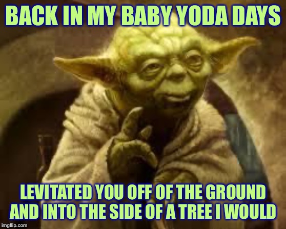 yoda | BACK IN MY BABY YODA DAYS; LEVITATED YOU OFF OF THE GROUND AND INTO THE SIDE OF A TREE I WOULD | image tagged in yoda,baby yoda,memes,funny,back in my baby yoda days,star wars | made w/ Imgflip meme maker