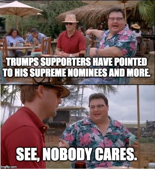 See Nobody Cares | TRUMPS SUPPORTERS HAVE POINTED TO HIS SUPREME NOMINEES AND MORE. SEE, NOBODY CARES. | image tagged in memes,see nobody cares | made w/ Imgflip meme maker