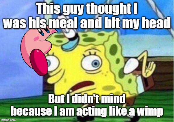 Mocking Spongebob Meme | This guy thought I was his meal and bit my head; But I didn't mind because I am acting like a wimp | image tagged in memes,mocking spongebob,spongebob,kirby | made w/ Imgflip meme maker