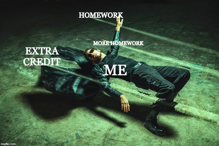 Neo Matrix Dodging Bullets | HOMEWORK; MORE HOMEWORK; EXTRA CREDIT; ME | image tagged in neo matrix dodging bullets | made w/ Imgflip meme maker