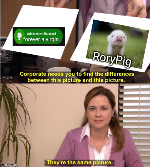 They're The Same Picture | forever a virgin; RoryPig | image tagged in pam theyre the same picture | made w/ Imgflip meme maker