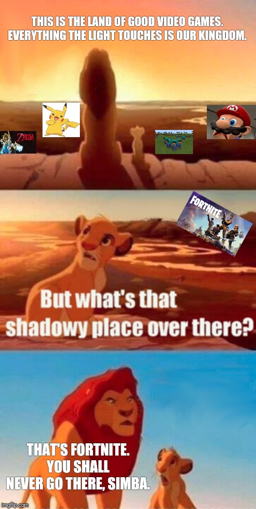 Simba Shadowy Place | THIS IS THE LAND OF GOOD VIDEO GAMES. EVERYTHING THE LIGHT TOUCHES IS OUR KINGDOM. THAT'S FORTNITE. YOU SHALL NEVER GO THERE, SIMBA. | image tagged in memes,simba shadowy place | made w/ Imgflip meme maker