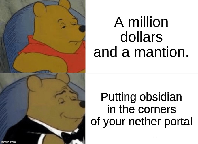 Tuxedo Winnie The Pooh Meme | A million dollars and a mansion. Putting obsidian in the corners of your nether portal | image tagged in memes,tuxedo winnie the pooh | made w/ Imgflip meme maker