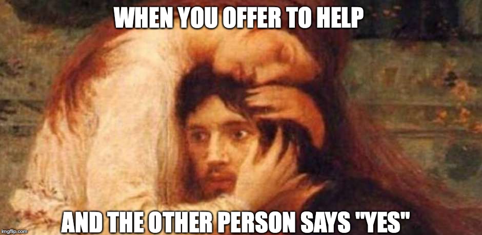 Despair Classic Art | WHEN YOU OFFER TO HELP; AND THE OTHER PERSON SAYS "YES" | image tagged in despair classic art,help | made w/ Imgflip meme maker