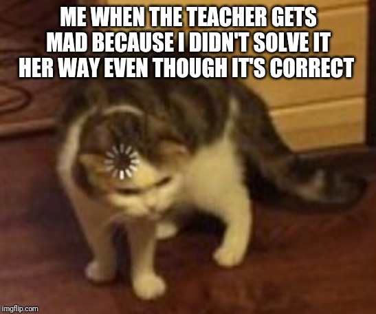 Loading cat | ME WHEN THE TEACHER GETS MAD BECAUSE I DIDN'T SOLVE IT HER WAY EVEN THOUGH IT'S CORRECT | image tagged in loading cat | made w/ Imgflip meme maker