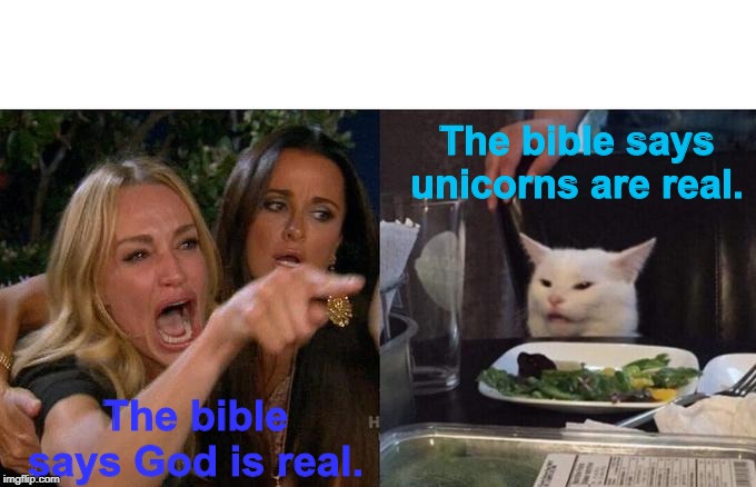 Woman Yelling At Cat Meme | The bible says unicorns are real. The bible says God is real. | image tagged in memes,woman yelling at cat | made w/ Imgflip meme maker