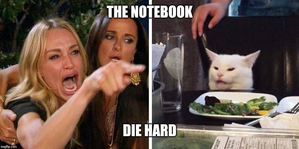 Smudge the cat | THE NOTEBOOK; DIE HARD | image tagged in smudge the cat | made w/ Imgflip meme maker