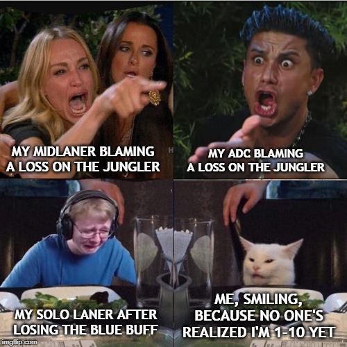Four panel Taylor Armstrong Pauly D CallmeCarson Cat | MY ADC BLAMING A LOSS ON THE JUNGLER; MY MIDLANER BLAMING A LOSS ON THE JUNGLER; ME, SMILING, BECAUSE NO ONE'S REALIZED I'M 1-10 YET; MY SOLO LANER AFTER LOSING THE BLUE BUFF | image tagged in four panel taylor armstrong pauly d callmecarson cat | made w/ Imgflip meme maker
