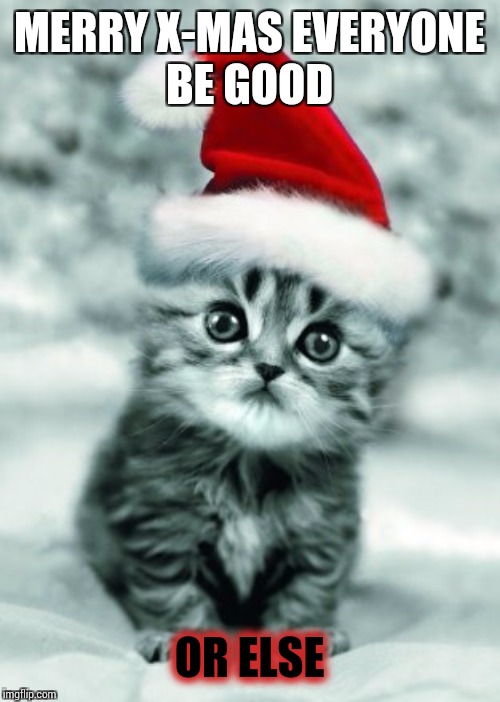 X-mas kitten | MERRY X-MAS EVERYONE
BE GOOD; OR ELSE | image tagged in x-mas kitten | made w/ Imgflip meme maker