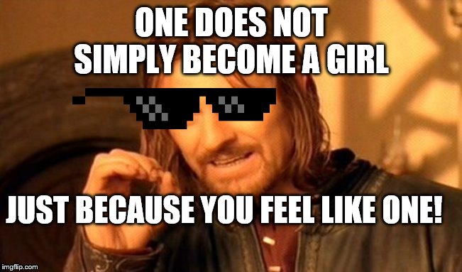 One Does Not Simply |  ONE DOES NOT SIMPLY BECOME A GIRL; JUST BECAUSE YOU FEEL LIKE ONE! | image tagged in memes,one does not simply | made w/ Imgflip meme maker