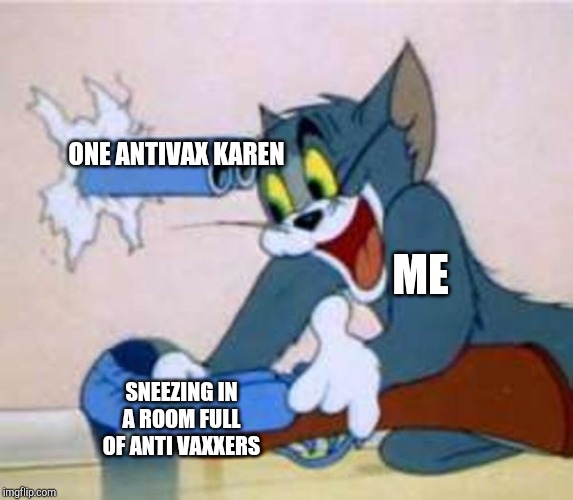 tom the cat shooting himself  | ONE ANTIVAX KAREN; ME; SNEEZING IN A ROOM FULL OF ANTI VAXXERS | image tagged in tom the cat shooting himself | made w/ Imgflip meme maker