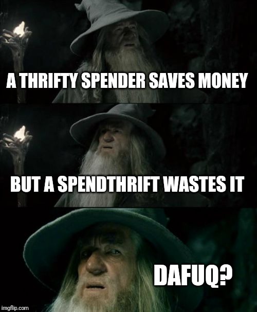 Confused Gandalf Meme | A THRIFTY SPENDER SAVES MONEY BUT A SPENDTHRIFT WASTES IT DAFUQ? | image tagged in memes,confused gandalf | made w/ Imgflip meme maker