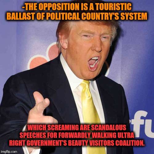 Substitutes of cold flakes over voters. | -THE OPPOSITION IS A TOURISTIC BALLAST OF POLITICAL COUNTRY'S SYSTEM; WHICH SCREAMING ARE SCANDALOUS SPEECHES FOR FORWARDLY WALKING ULTRA RIGHT GOVERNMENT'S BEAUTY VISITORS COALITION. | image tagged in donald trump,opposite,trump immigration policy,vote trump,government shutdown,finance | made w/ Imgflip meme maker