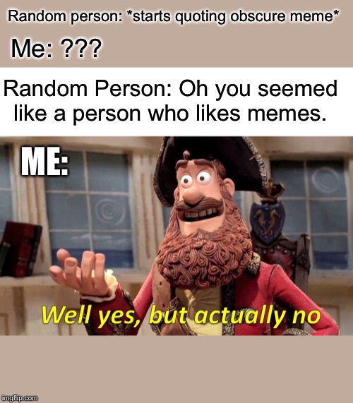 Well Yes, But Actually No | Random person: *starts quoting obscure meme*; Me: ??? Random Person: Oh you seemed like a person who likes memes. ME: | image tagged in memes,well yes but actually no | made w/ Imgflip meme maker