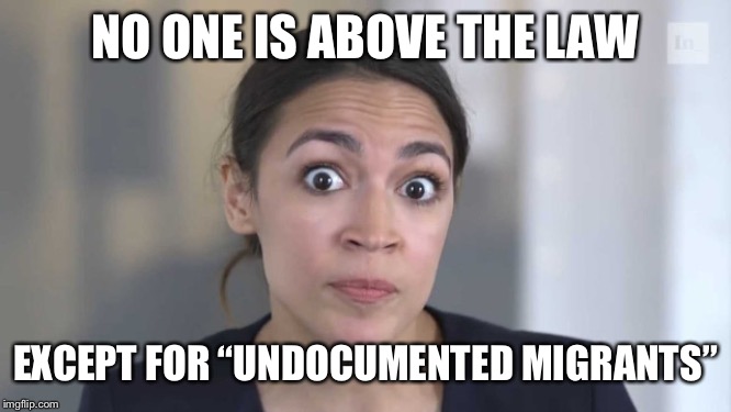 Crazy Alexandria Ocasio-Cortez | NO ONE IS ABOVE THE LAW; EXCEPT FOR “UNDOCUMENTED MIGRANTS” | image tagged in crazy alexandria ocasio-cortez | made w/ Imgflip meme maker