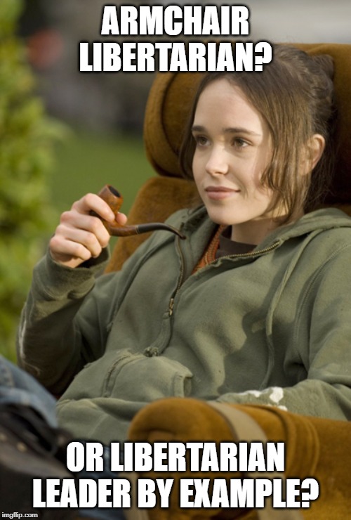 Ellen Page armchair | ARMCHAIR LIBERTARIAN? OR LIBERTARIAN LEADER BY EXAMPLE? | image tagged in ellen page armchair | made w/ Imgflip meme maker