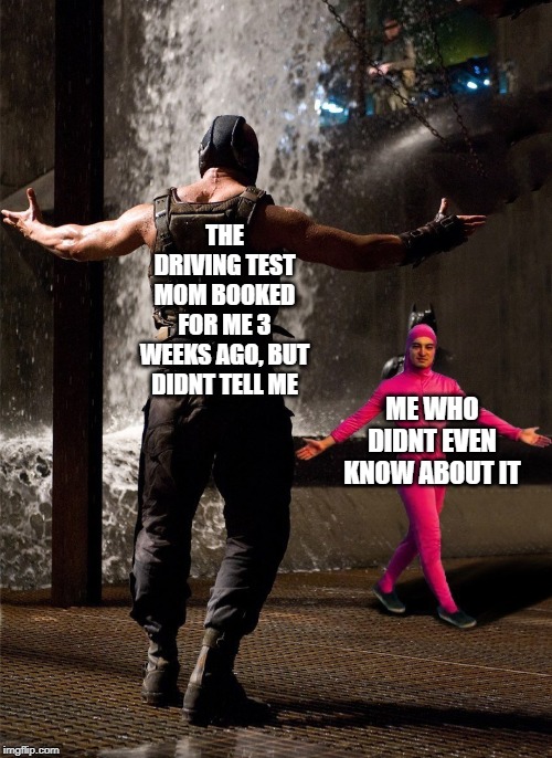 Bane vs Filthy Frank | THE DRIVING TEST MOM BOOKED FOR ME 3 WEEKS AGO, BUT DIDNT TELL ME; ME WHO DIDNT EVEN KNOW ABOUT IT | image tagged in bane vs filthy frank | made w/ Imgflip meme maker