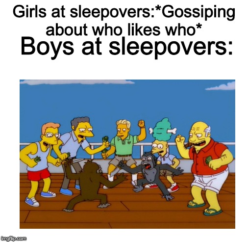 Boys vs Girls Meme #2 | Girls at sleepovers:*Gossiping about who likes who*; Boys at sleepovers: | image tagged in blank white template,fighting | made w/ Imgflip meme maker
