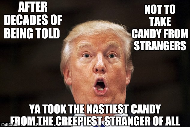 The Candy Van Man | AFTER DECADES OF BEING TOLD; NOT TO TAKE CANDY FROM STRANGERS; YA TOOK THE NASTIEST CANDY FROM THE CREEPIEST STRANGER OF ALL | image tagged in trump stupid face,trump unfit unqualified dangerous,liar in chief,lock him up,memes,trump lies | made w/ Imgflip meme maker
