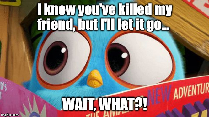 Cartoon comedy in a nutshell | I know you've killed my friend, but I'll let it go... WAIT, WHAT?! | image tagged in the wait what bird | made w/ Imgflip meme maker