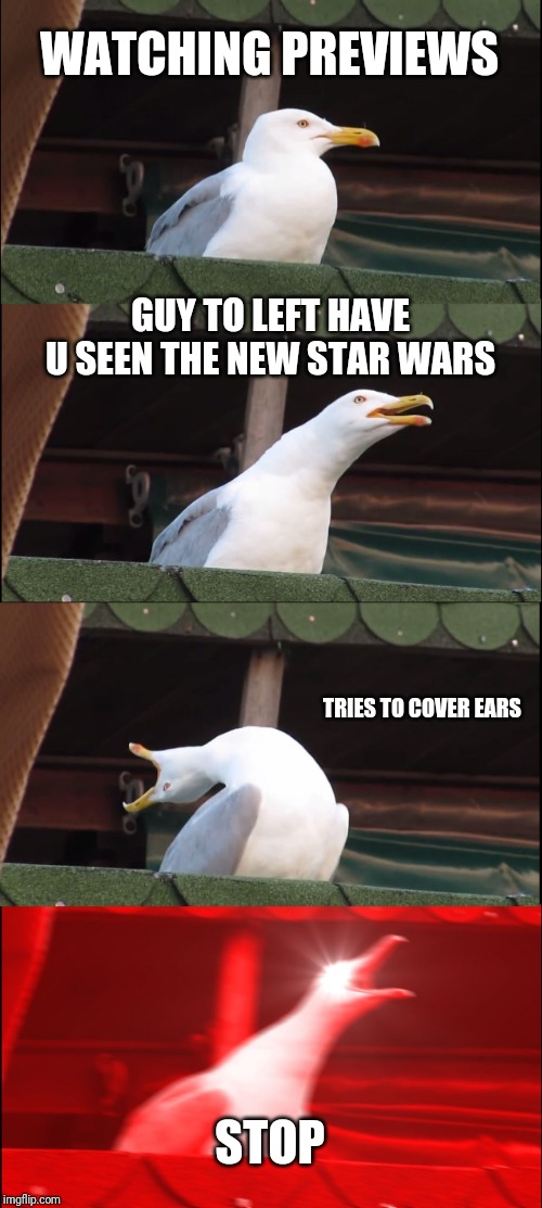 Inhaling Seagull | WATCHING PREVIEWS; GUY TO LEFT HAVE U SEEN THE NEW STAR WARS; TRIES TO COVER EARS; STOP | image tagged in memes,inhaling seagull | made w/ Imgflip meme maker