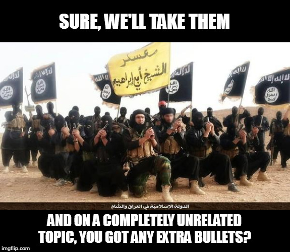 ISIS Jihad Terrorists | SURE, WE'LL TAKE THEM AND ON A COMPLETELY UNRELATED TOPIC, YOU GOT ANY EXTRA BULLETS? | image tagged in isis jihad terrorists | made w/ Imgflip meme maker