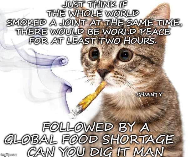 Just think | JUST THINK IF THE WHOLE WORLD 
SMOKED A JOINT AT THE SAME TIME,
THERE WOULD BE WORLD PEACE 
FOR AT LEAST TWO HOURS. CHIANTY; FOLLOWED BY A GLOBAL FOOD SHORTAGE   
CAN YOU DIG IT MAN | image tagged in world peace | made w/ Imgflip meme maker