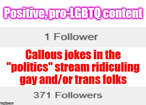 Being nice just doesn't cut it! | Positive, pro-LGBTQ content; Callous jokes in the "politics" stream ridiculing gay and/or trans folks | image tagged in followers,transphobic,gay rights,lgbt,lgbtq,politics | made w/ Imgflip meme maker