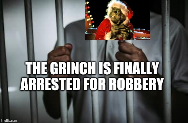Well, He Did Tried To Steal Chirstmas (so technically I'm correct) |  THE GRINCH IS FINALLY ARRESTED FOR ROBBERY | image tagged in behind bars | made w/ Imgflip meme maker