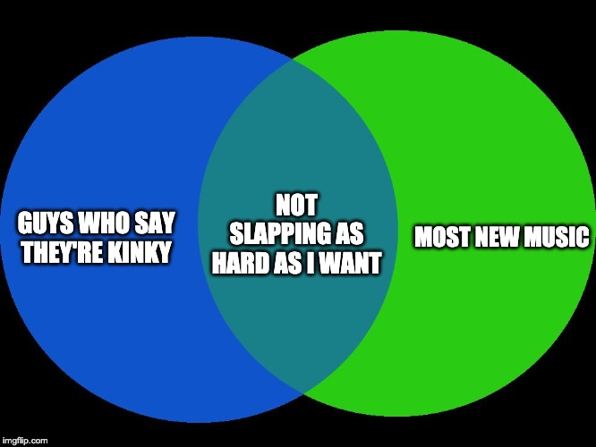 Venn Comparison | MOST NEW MUSIC; NOT SLAPPING AS HARD AS I WANT; GUYS WHO SAY THEY'RE KINKY | image tagged in venn comparison | made w/ Imgflip meme maker