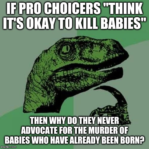 Philosoraptor | IF PRO CHOICERS "THINK IT'S OKAY TO KILL BABIES"; THEN WHY DO THEY NEVER ADVOCATE FOR THE MURDER OF BABIES WHO HAVE ALREADY BEEN BORN? | image tagged in memes,philosoraptor | made w/ Imgflip meme maker