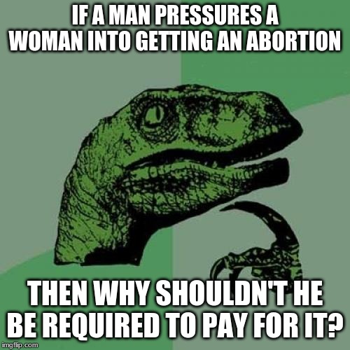 Philosoraptor | IF A MAN PRESSURES A WOMAN INTO GETTING AN ABORTION; THEN WHY SHOULDN'T HE BE REQUIRED TO PAY FOR IT? | image tagged in memes,philosoraptor | made w/ Imgflip meme maker